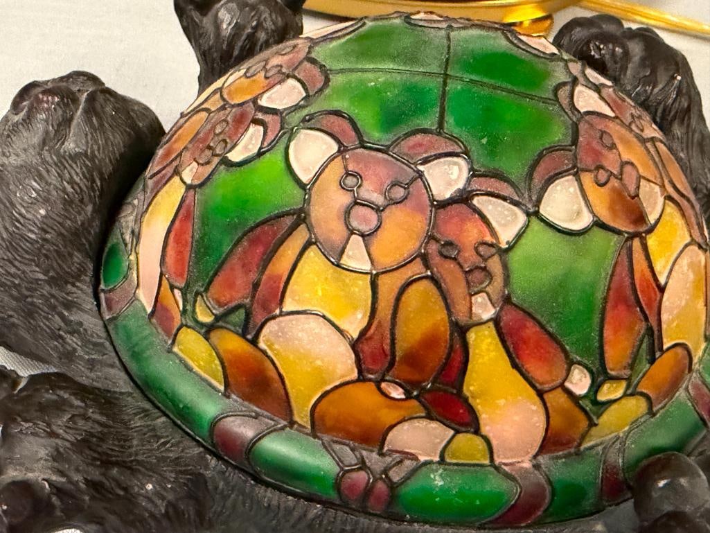 BRONZE TONED COMPOSITE CAT DECORATIVE ACCENT LAMP WITH STAINED GLASS STYLE SHADE - 3