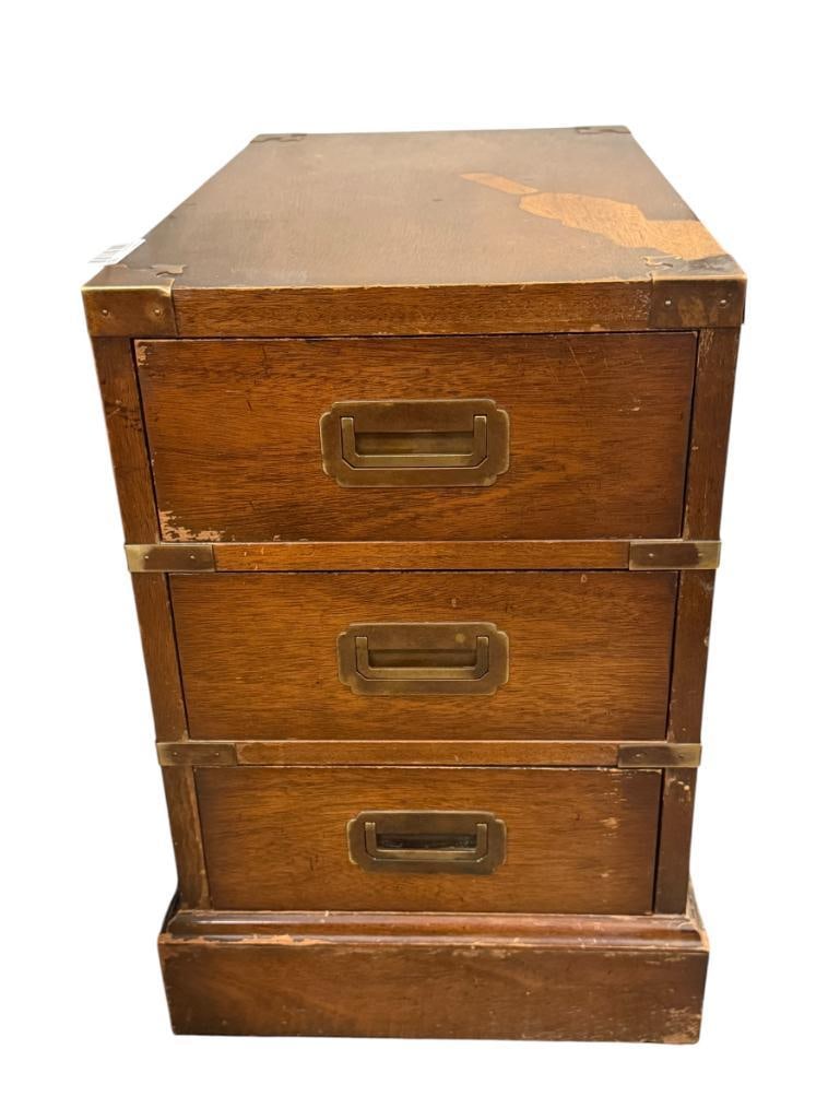 VINTAGE THREE DRAWER CAMPAIGN STYLE CHEST WITH DECORATIVE BRASS HARDWARE: SHOWS SOME WEAR TO FINISH 14" X 23" X 22"