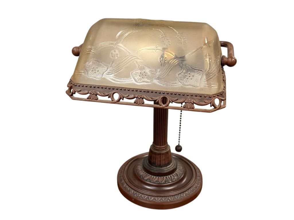 BRONZE TONED BANKERS STYLE LAMP WITH FLORAL RELIEF SHADE (1 of 6)