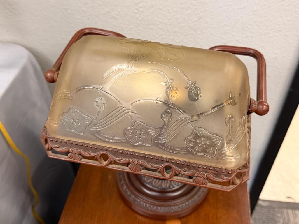 BRONZE TONED BANKERS STYLE LAMP WITH FLORAL RELIEF SHADE - 2