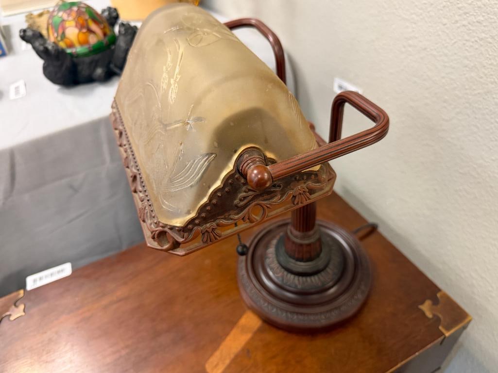 BRONZE TONED BANKERS STYLE LAMP WITH FLORAL RELIEF SHADE - 4
