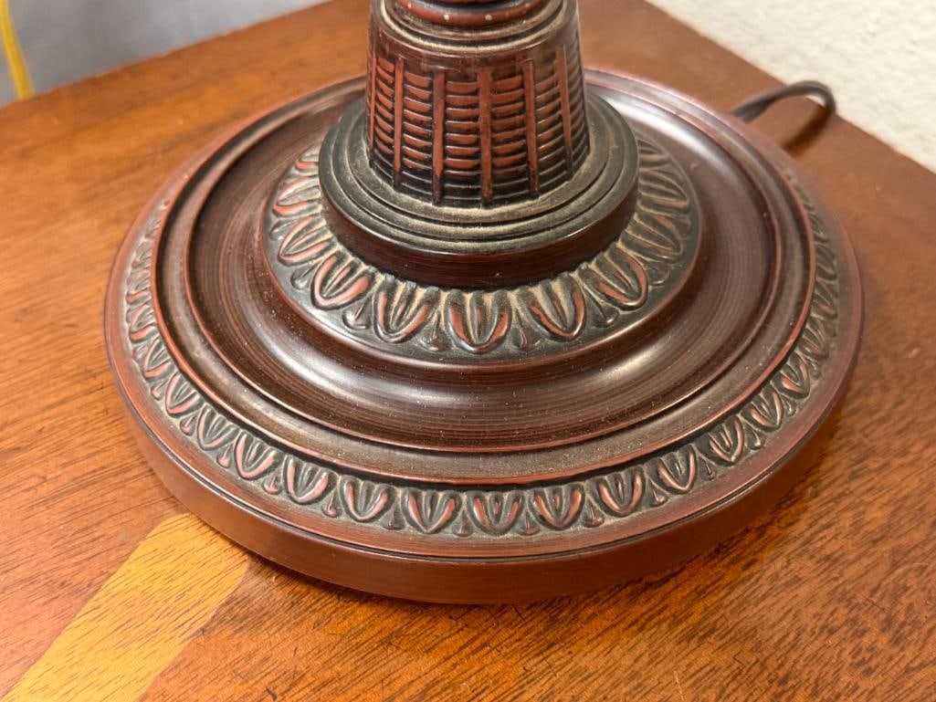 BRONZE TONED BANKERS STYLE LAMP WITH FLORAL RELIEF SHADE - 5