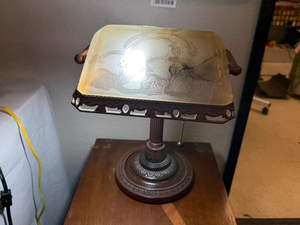 BRONZE TONED BANKERS STYLE LAMP WITH FLORAL RELIEF SHADE - 6