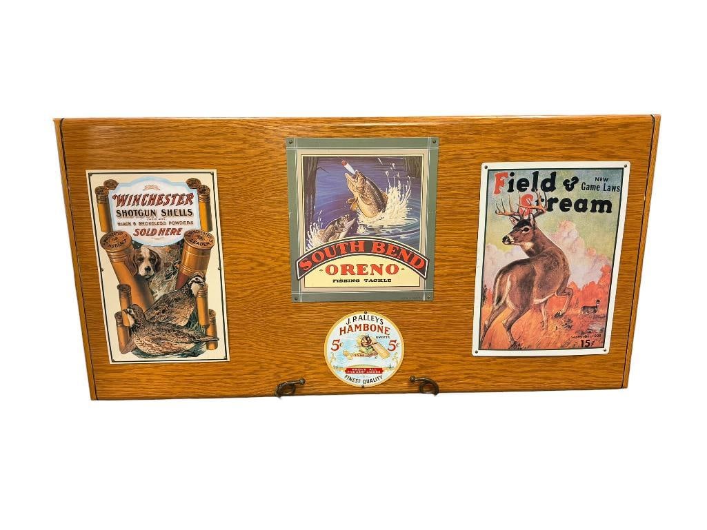 HUNTERS BOARD WITH FOUR TIN HUNTERS ADVERTISEMENT SIGNS WINCHESTER, FIELD & STREAM, SOUTHBEND (1 of 8)