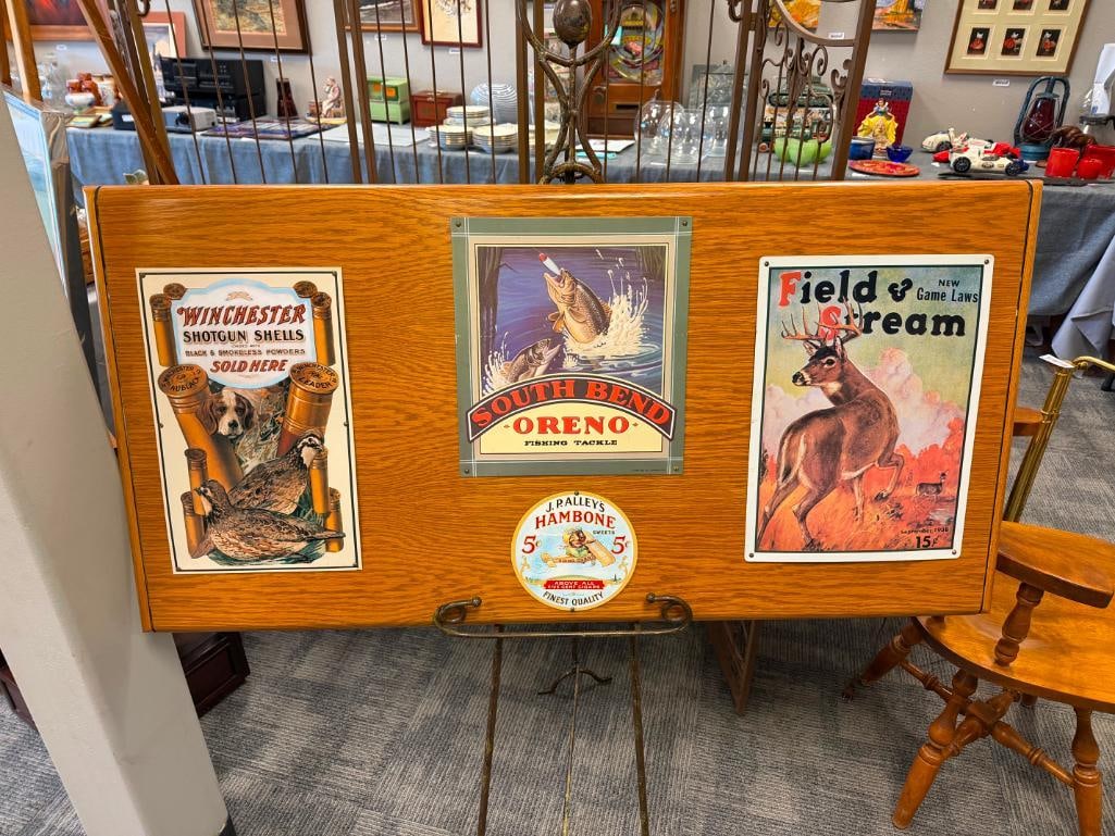 HUNTERS BOARD WITH FOUR TIN HUNTERS ADVERTISEMENT SIGNS WINCHESTER, FIELD & STREAM, SOUTHBEND - 2
