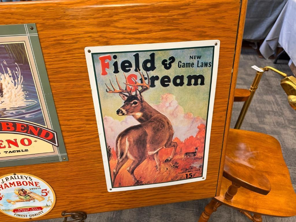 HUNTERS BOARD WITH FOUR TIN HUNTERS ADVERTISEMENT SIGNS WINCHESTER, FIELD & STREAM, SOUTHBEND - 3
