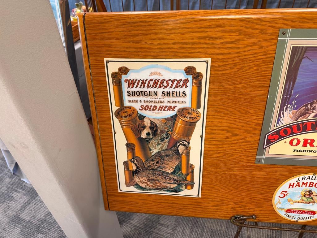 HUNTERS BOARD WITH FOUR TIN HUNTERS ADVERTISEMENT SIGNS WINCHESTER, FIELD & STREAM, SOUTHBEND - 6
