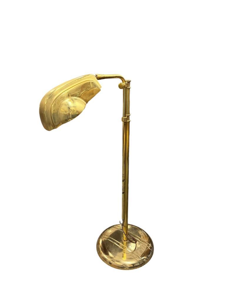 VINTAGE ART DECO STLYED STYLIZED CLAM SHELL BRASS ADJUSTABLE FLOOR LAMP: ROUND WEIGHTED BASE 30" UP TO 47" H