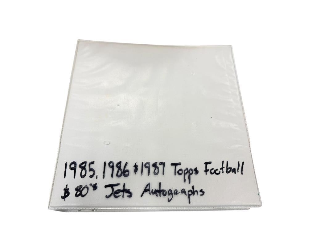 1985, 1986, 1987, TOPPS BASEBALL CARDS AND PLAYER AUTOGRAPHED PAPER CARDS FROM NY JETS PLAYERS: OVER 19 AUTOGRAPHS FROM PAT RYAN, JOE KLECKO, MICKEY SCHULER, RUSSEL CARTER, AL TOON, TED BANKER, PLUS NEW YORK JETS 1982 YEARBOOK