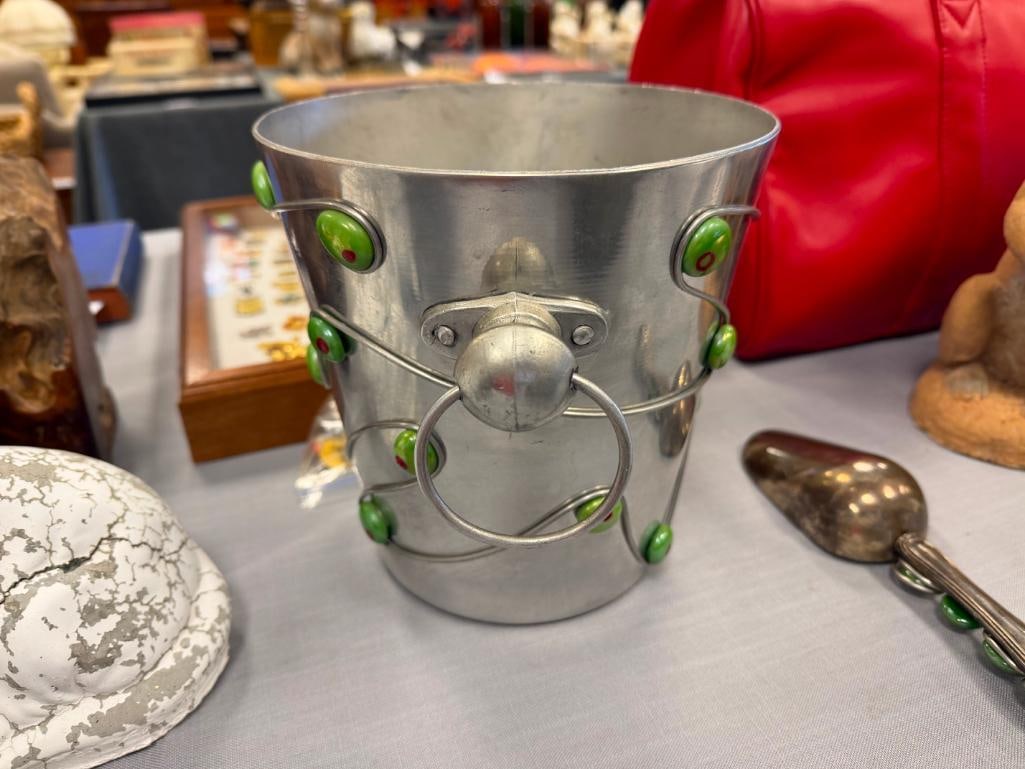 VINTAGE FRENCH POSTMODERN ICE BUCKET AND SCOOP DECORATED WITH WIRE WORKAND GLASS STONE ACCENTS - 13