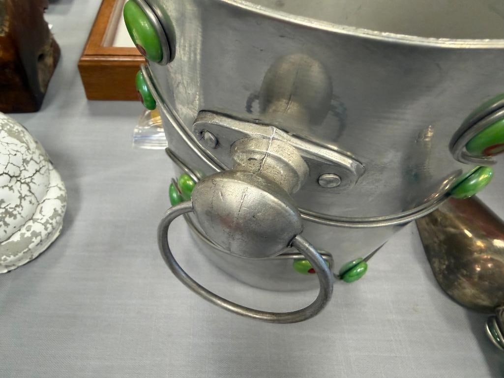 VINTAGE FRENCH POSTMODERN ICE BUCKET AND SCOOP DECORATED WITH WIRE WORKAND GLASS STONE ACCENTS - 14