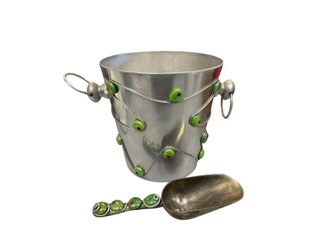 VINTAGE FRENCH POSTMODERN ICE BUCKET AND SCOOP DECORATED WITH WIRE WORKAND GLASS STONE ACCENTS (1 of 14)