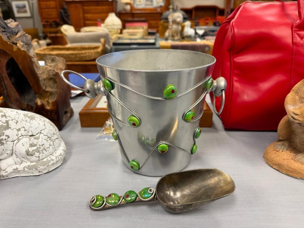 VINTAGE FRENCH POSTMODERN ICE BUCKET AND SCOOP DECORATED WITH WIRE WORKAND GLASS STONE ACCENTS - 2