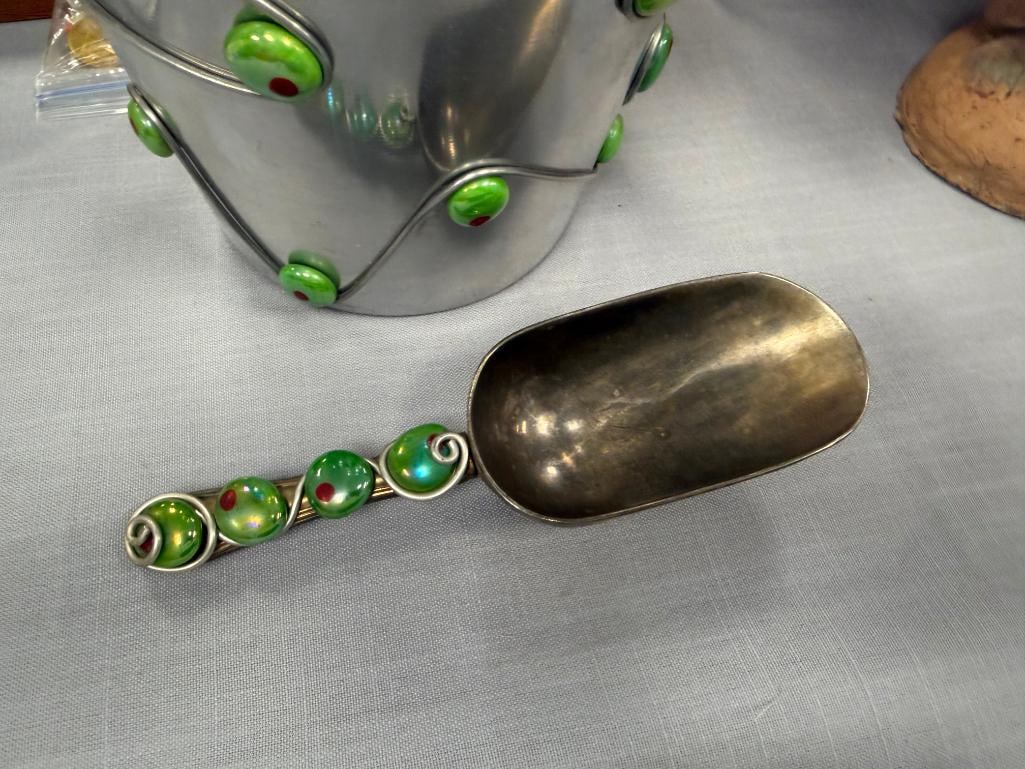 VINTAGE FRENCH POSTMODERN ICE BUCKET AND SCOOP DECORATED WITH WIRE WORKAND GLASS STONE ACCENTS - 3