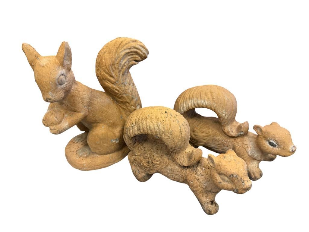 THREE SQUIRREL CAST CEMENT YARD DECOR ANIMAL FIGURINES: ALL SHOW WEATHERING 6" AND 10" H