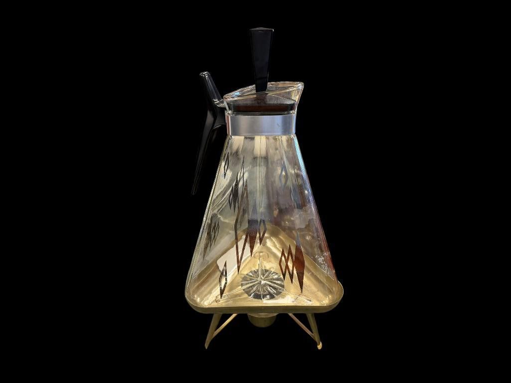 MID-CENTURY MODERN GOLDEN TRIANGLE CARAFE WITH WARMING STAND: GILT DIAMOND DESIGN, LIGHT WEAR TO DESIGN 14 1/2" H