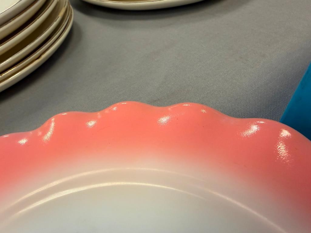 1950'S HAZEL ATLAS RIPPLE CRINOLINE PINK MILK GLASS DINNER SET - 10