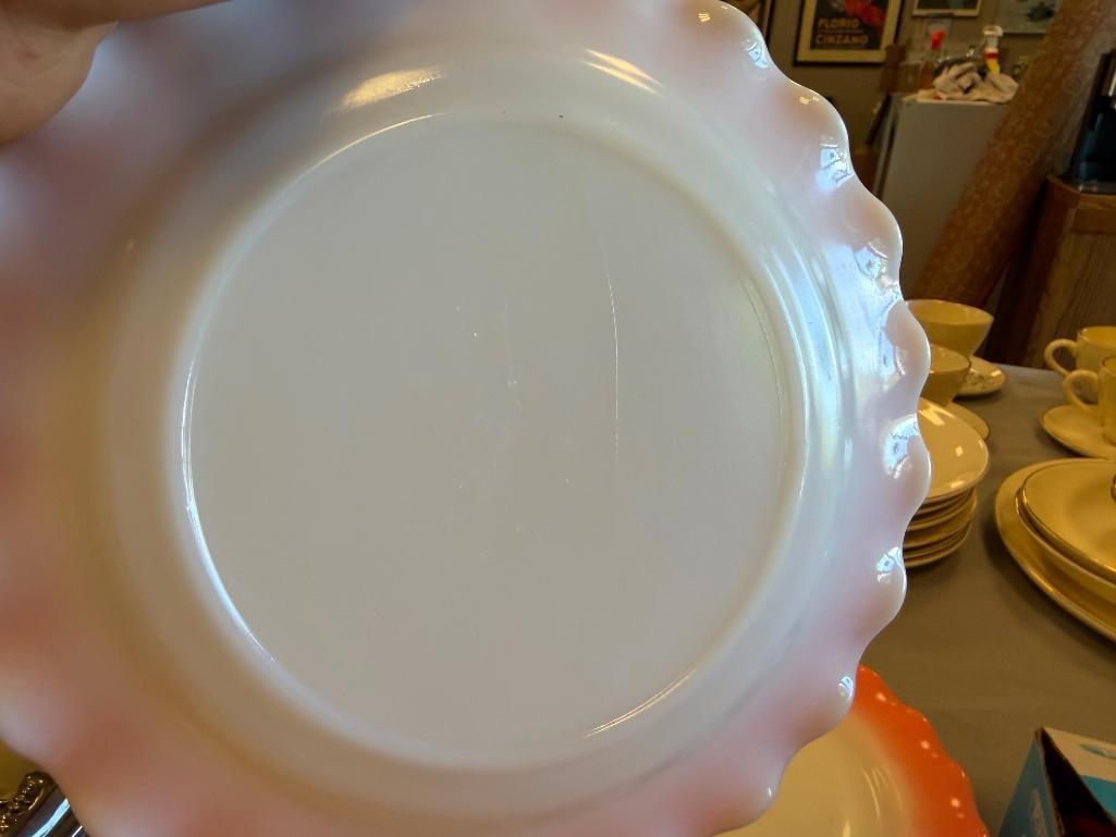 1950'S HAZEL ATLAS RIPPLE CRINOLINE PINK MILK GLASS DINNER SET - 11