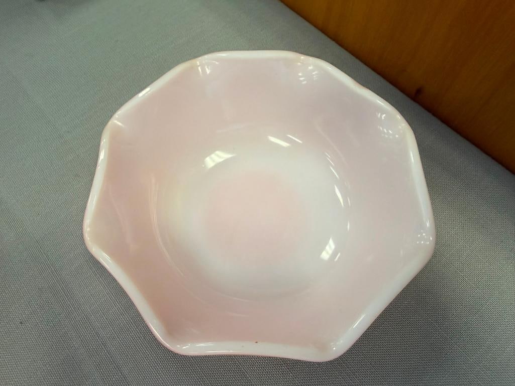 1950'S HAZEL ATLAS RIPPLE CRINOLINE PINK MILK GLASS DINNER SET - 13