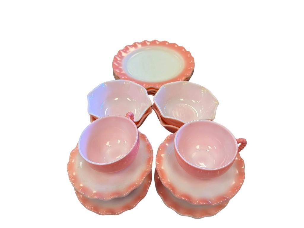 1950'S HAZEL ATLAS RIPPLE CRINOLINE PINK MILK GLASS DINNER SET: INCLUDES 16 PIECES, FOUR CUPS AND SAUCERS, DINNER PLATES, AND BOWLS