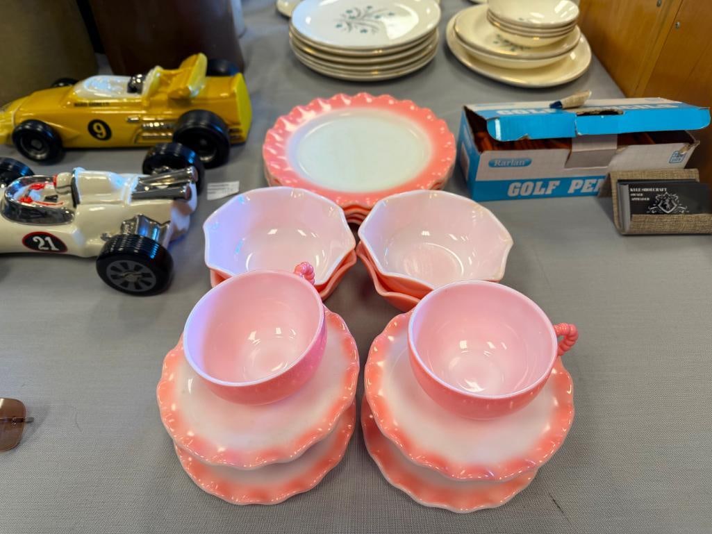 1950'S HAZEL ATLAS RIPPLE CRINOLINE PINK MILK GLASS DINNER SET - 2