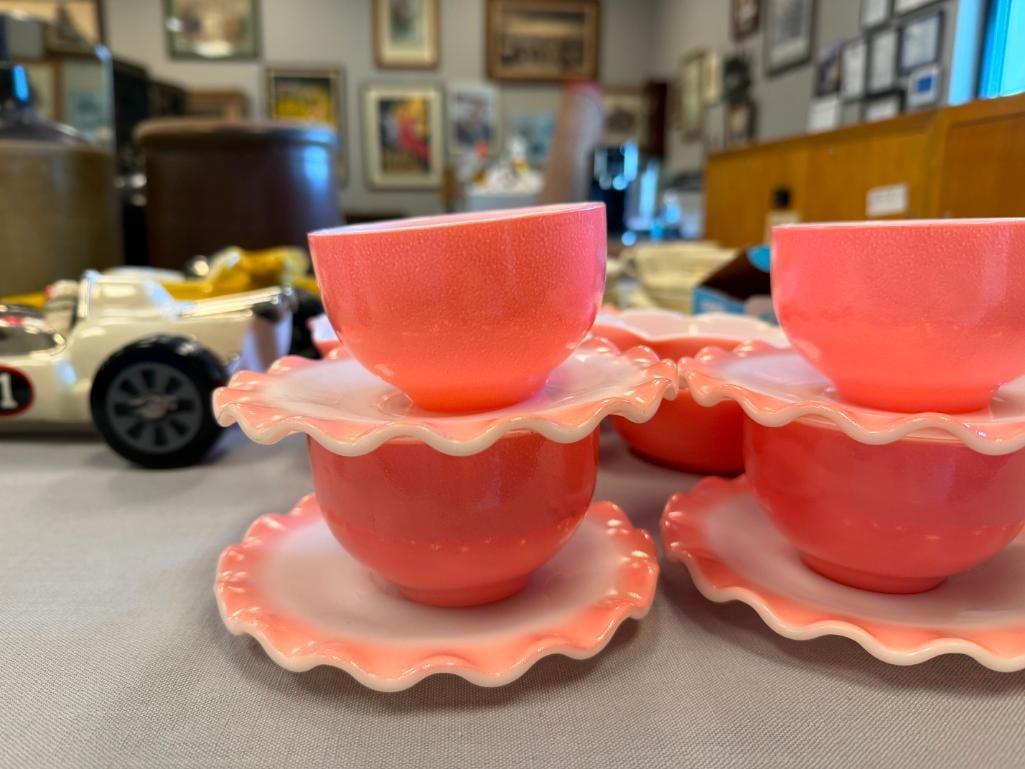 1950'S HAZEL ATLAS RIPPLE CRINOLINE PINK MILK GLASS DINNER SET - 4