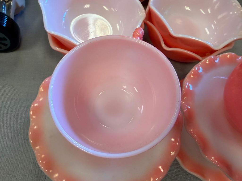 1950'S HAZEL ATLAS RIPPLE CRINOLINE PINK MILK GLASS DINNER SET - 5
