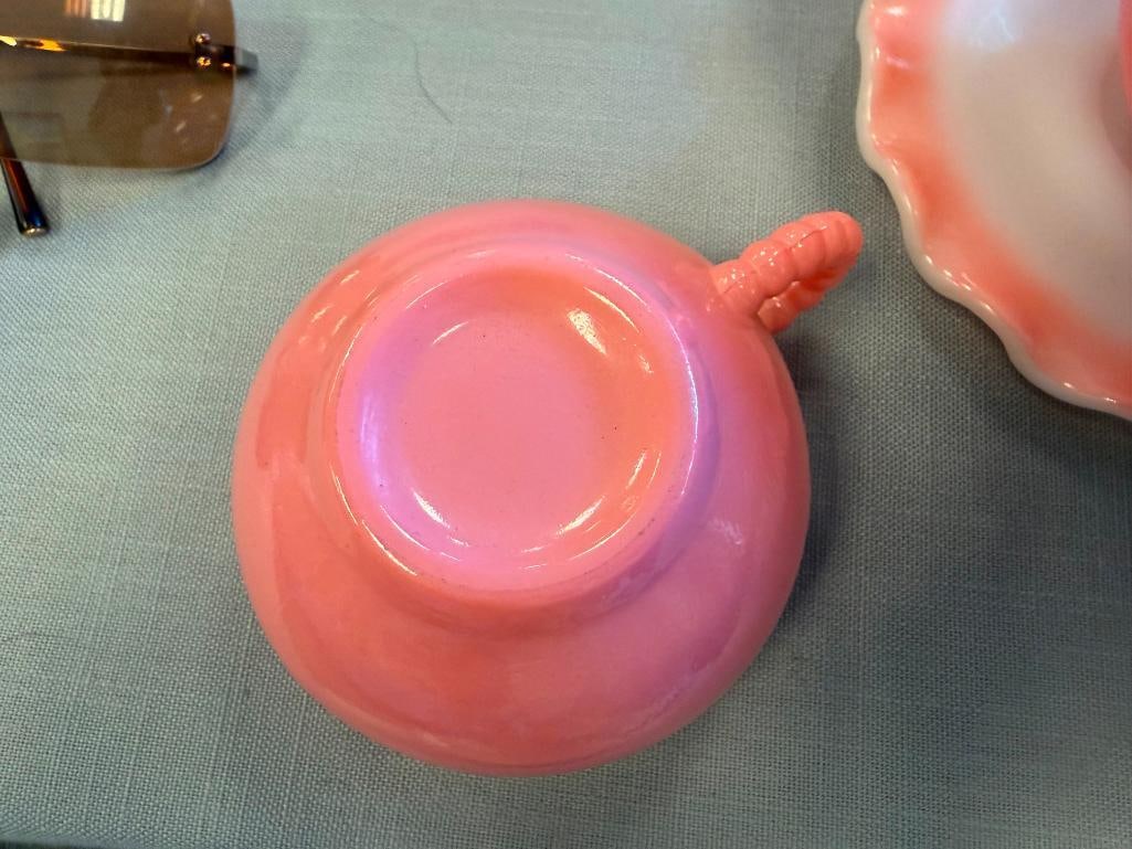 1950'S HAZEL ATLAS RIPPLE CRINOLINE PINK MILK GLASS DINNER SET - 7