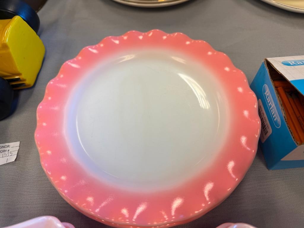 1950'S HAZEL ATLAS RIPPLE CRINOLINE PINK MILK GLASS DINNER SET - 9