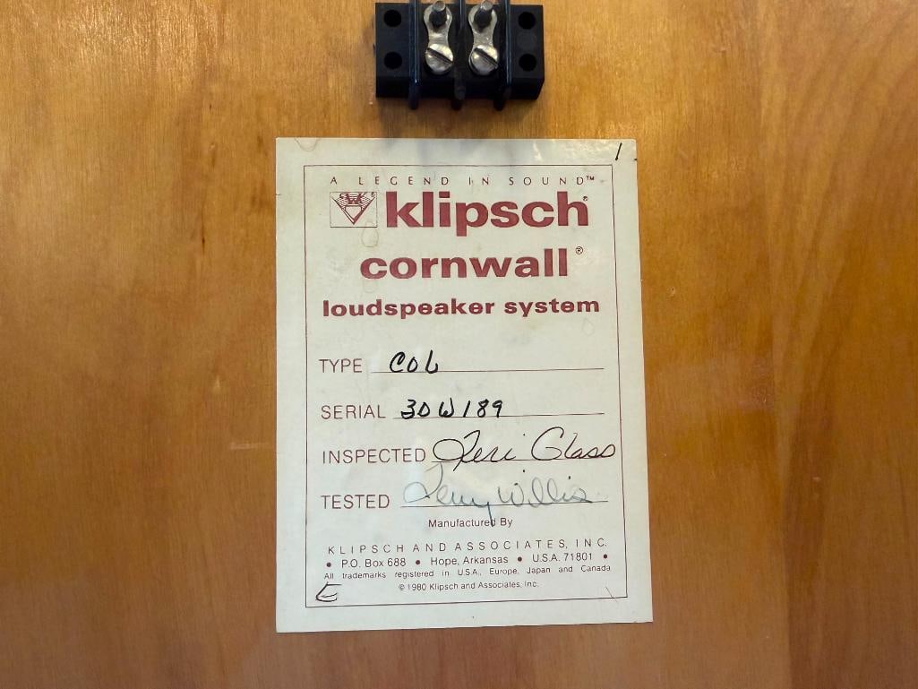 1986 KLIPSCH CORNWALL II PAIR OF LOUDSPEAKERS SERIAL NO. 30W189 / 30W190 - 8