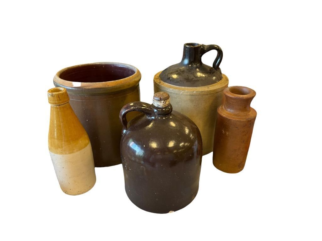 ANTIQUE STONEWARE WHISKY JUGS, BROWN GLAZE CROCK, MACINTYRE & CO. BOTTLE, AND CYLINDRICAL BOTTLE (1 of 20)