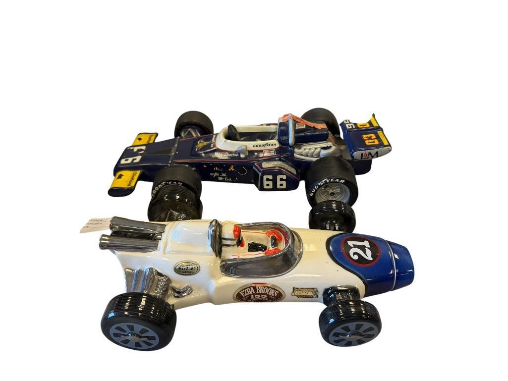 EZRA BROOKS HERITGE CHINA AND HOFFMAN DISTILLING MARK DONOHUE SUNOCO INDY / RACE CAR DECANTERS: NO. 21 AND NO. 66 INDY RACE CARS, SUNOCO INDY CAR SHOWS WEAR AND SPOILER HAS BEEN GLUED ON, EMPTY 12" AND 14" L