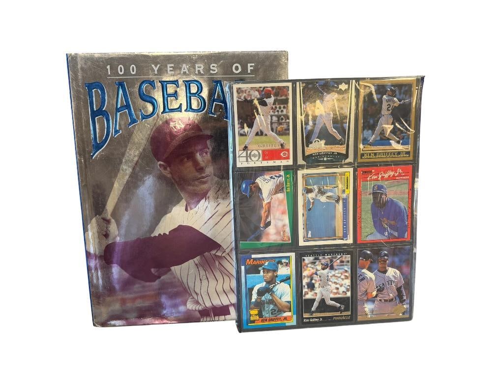 NINE KEN GRIFFEYY JR. BASEBALL CARDS PLUS 100 YEARS OF BASEBALL COFFEE TABLE PICTORIAL BOOK: BOOK INCLUDES DUST JACKET 9 1/4" X 12"