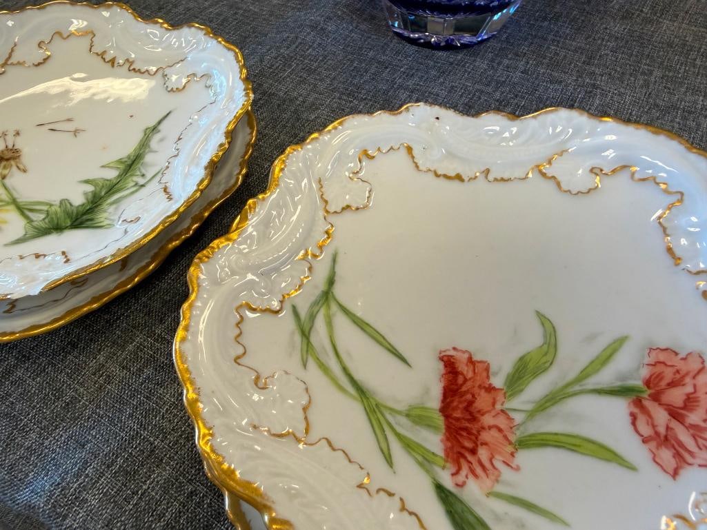 19TH CENTURY VF LIMOGES HAND PAINTED PORCELAIN FLORAL DECORATED PLATES WITH GILT ACCENTS - 6