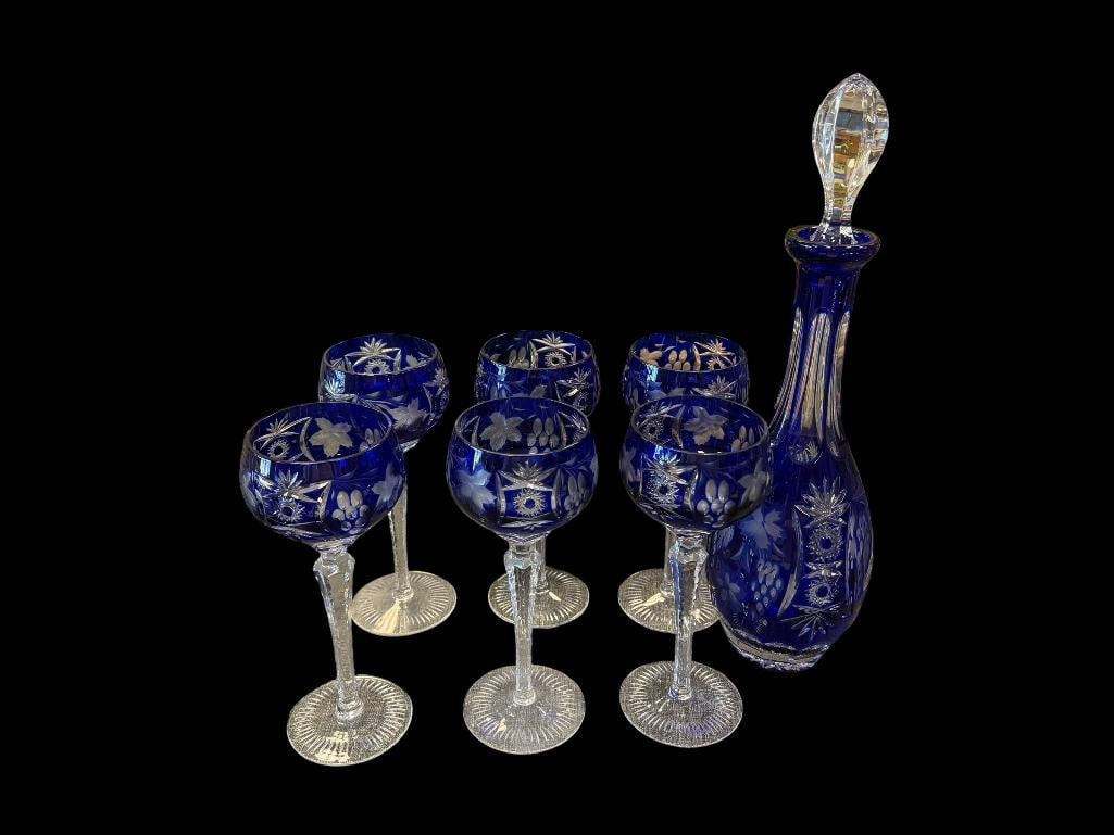 BOHEMIA HAND CUT COBALT BLUE TO CLEAR DECANTER SET WITH SIX GOBLETS MADE IN CZECHOSLOVAKIA (1 of 17)