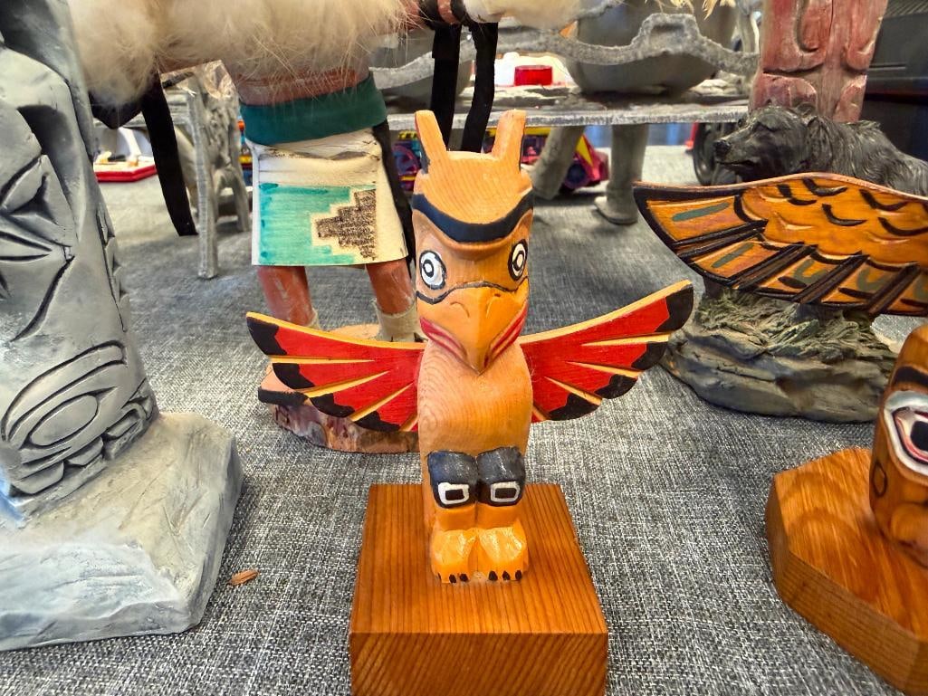 NATIVE AMERICAN AND INUIT / YUPIK INDIGENOUS CARVED TOTEM POLES, KACHINA DOLL, RAW HIDE RATTLE, E... - 10