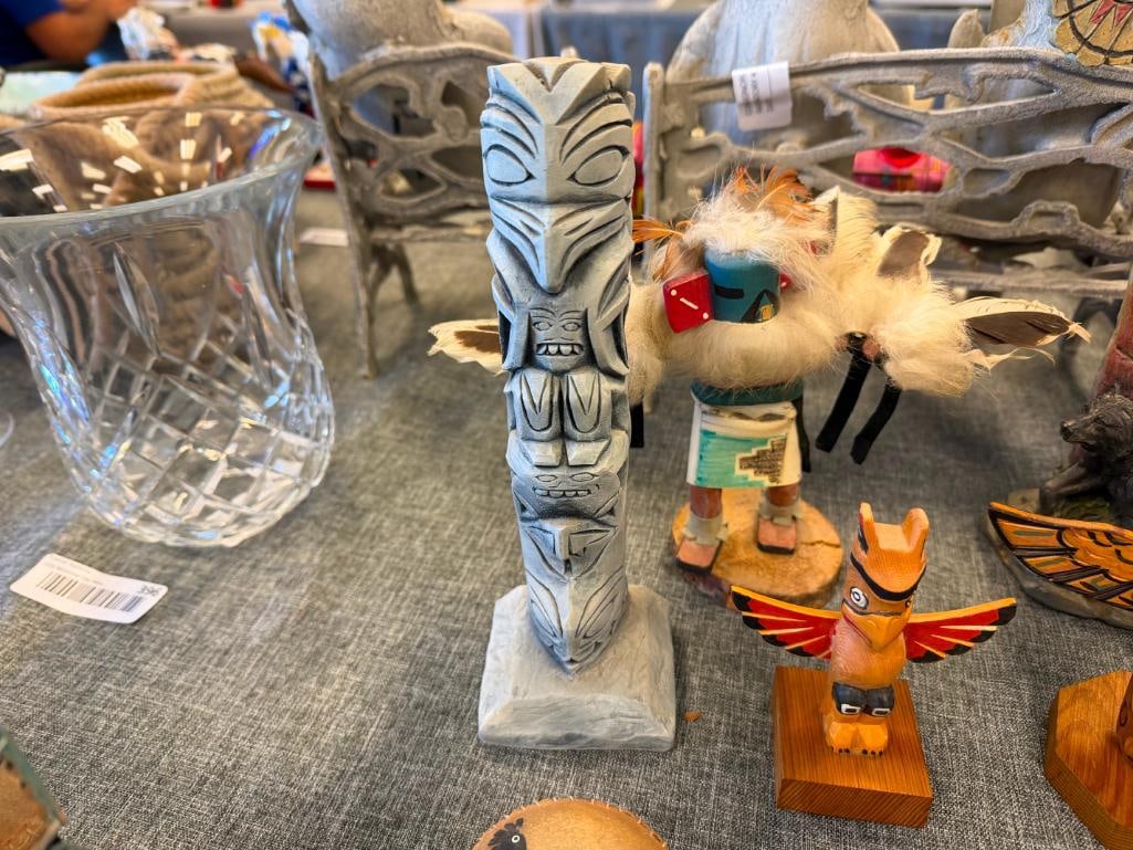 NATIVE AMERICAN AND INUIT / YUPIK INDIGENOUS CARVED TOTEM POLES, KACHINA DOLL, RAW HIDE RATTLE, E... - 11