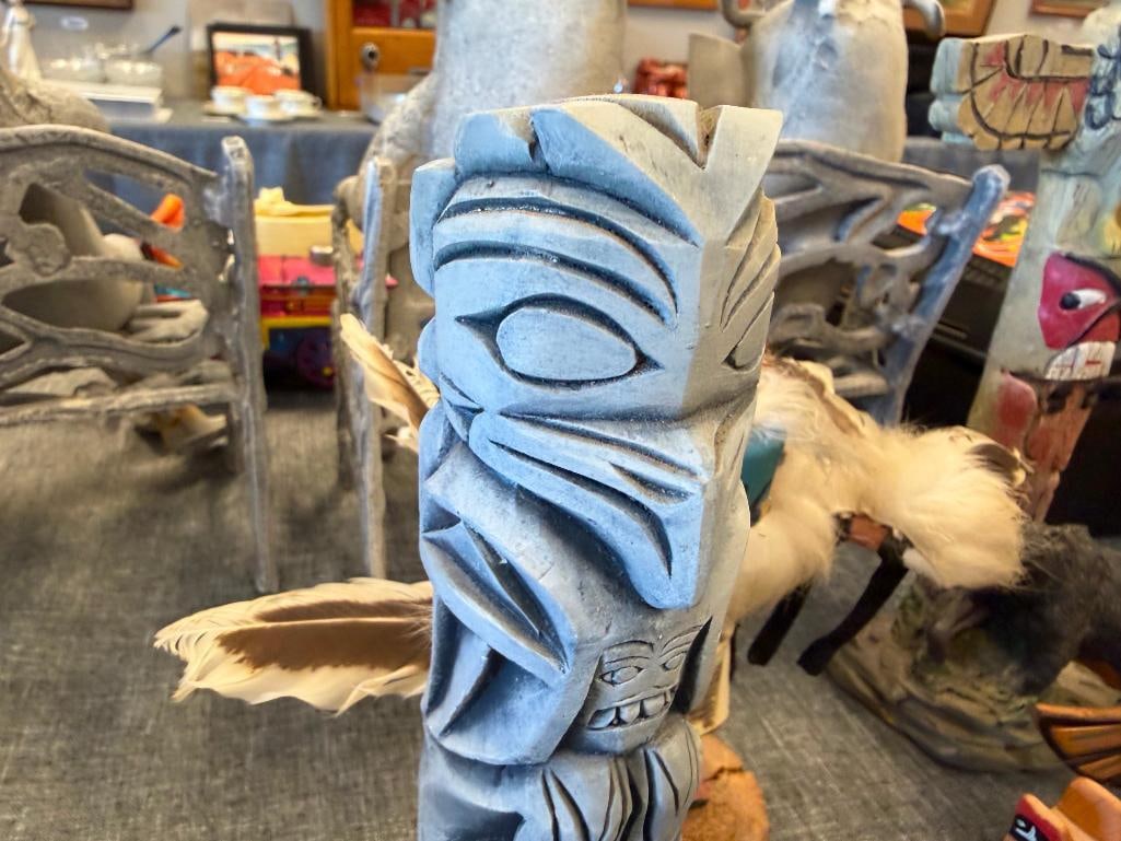 NATIVE AMERICAN AND INUIT / YUPIK INDIGENOUS CARVED TOTEM POLES, KACHINA DOLL, RAW HIDE RATTLE, E... - 12