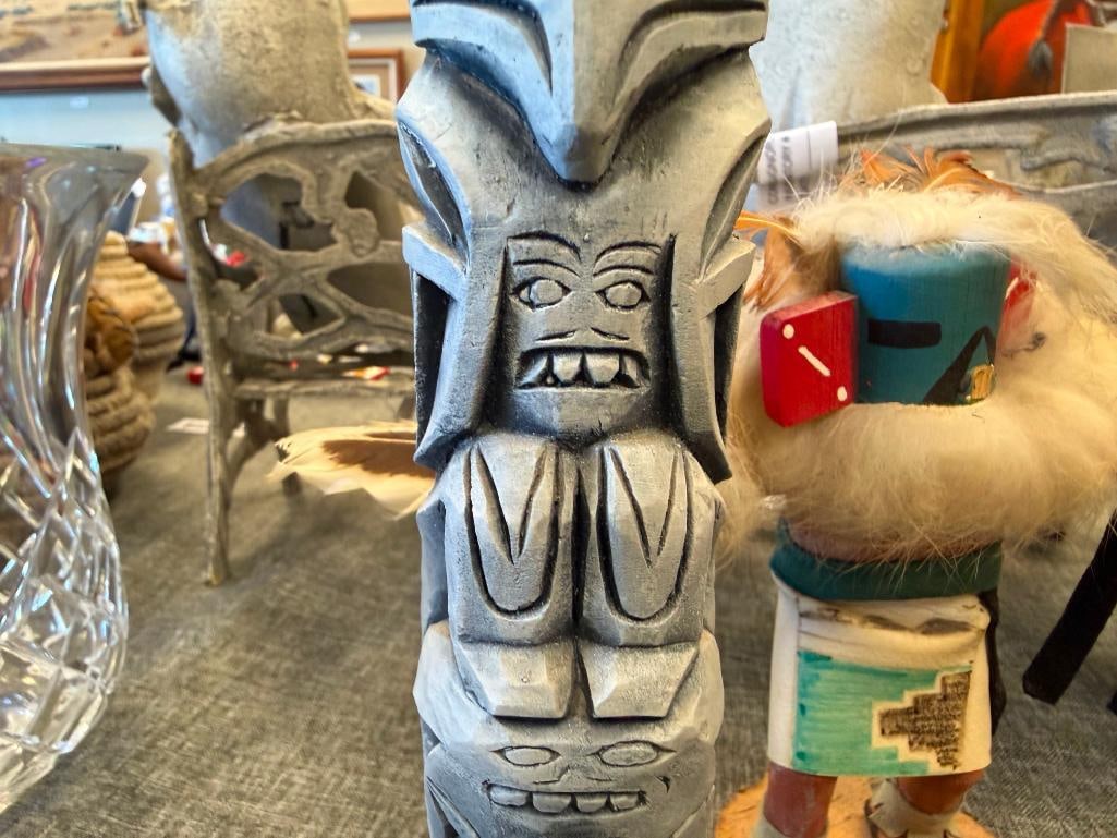 NATIVE AMERICAN AND INUIT / YUPIK INDIGENOUS CARVED TOTEM POLES, KACHINA DOLL, RAW HIDE RATTLE, E... - 13