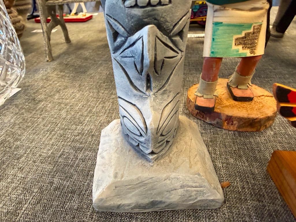 NATIVE AMERICAN AND INUIT / YUPIK INDIGENOUS CARVED TOTEM POLES, KACHINA DOLL, RAW HIDE RATTLE, E... - 14