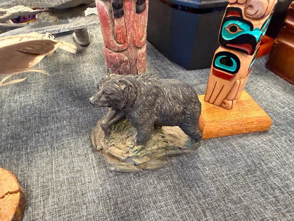 NATIVE AMERICAN AND INUIT / YUPIK INDIGENOUS CARVED TOTEM POLES, KACHINA DOLL, RAW HIDE RATTLE, E... - 16