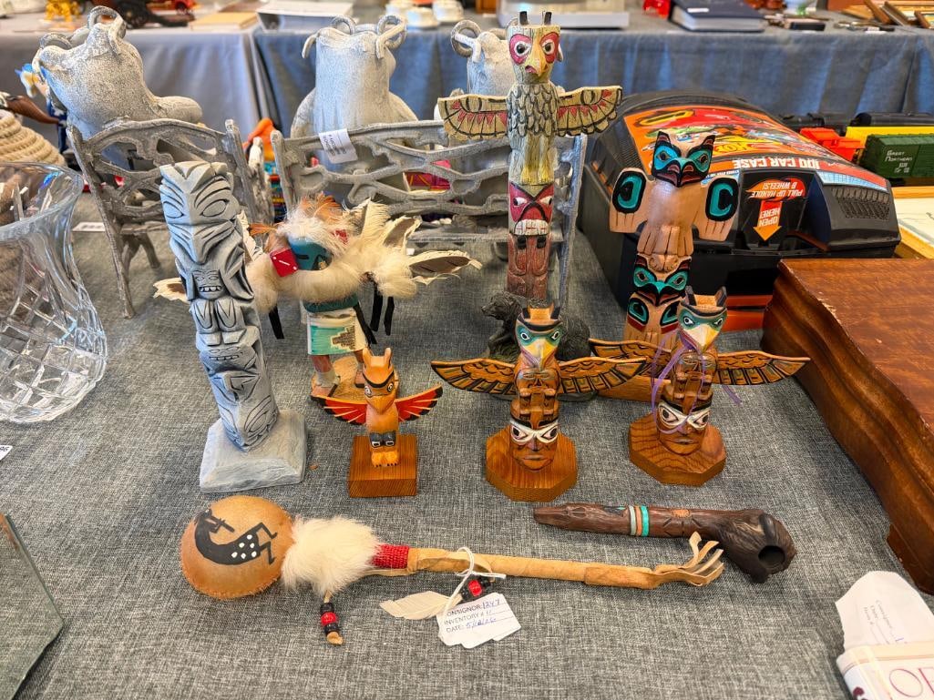 NATIVE AMERICAN AND INUIT / YUPIK INDIGENOUS CARVED TOTEM POLES, KACHINA DOLL, RAW HIDE RATTLE, E... - 2