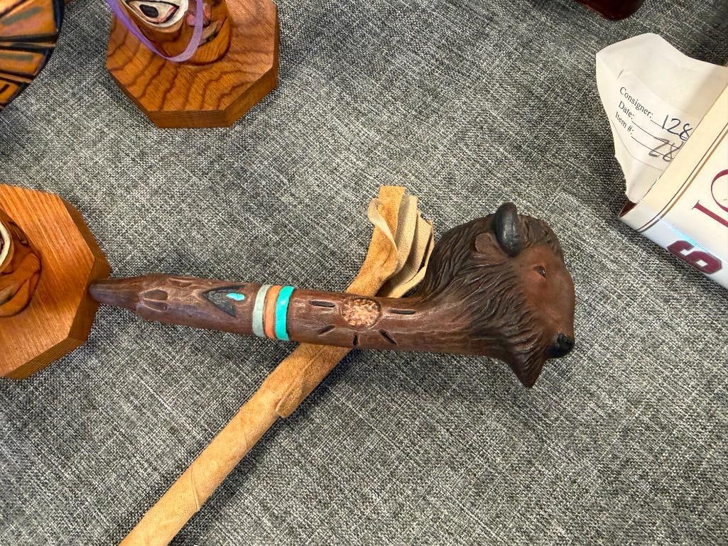 NATIVE AMERICAN AND INUIT / YUPIK INDIGENOUS CARVED TOTEM POLES, KACHINA DOLL, RAW HIDE RATTLE, E... - 4