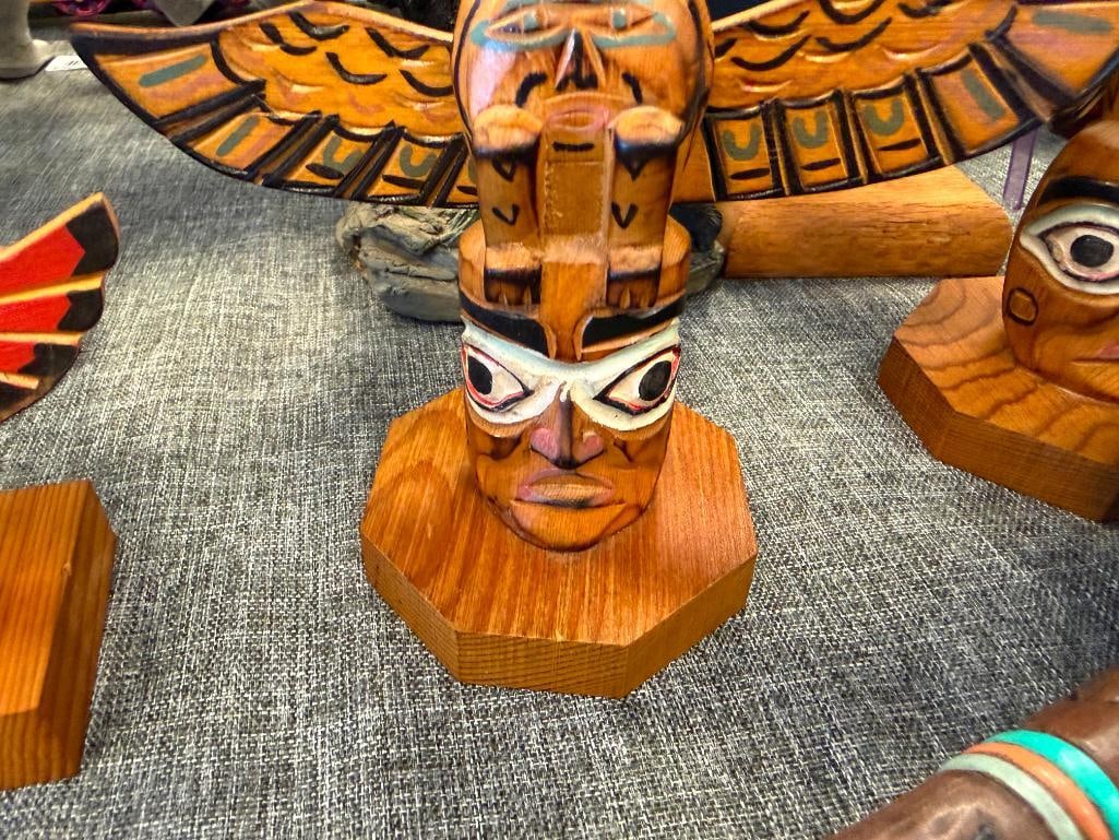 NATIVE AMERICAN AND INUIT / YUPIK INDIGENOUS CARVED TOTEM POLES, KACHINA DOLL, RAW HIDE RATTLE, E... - 8