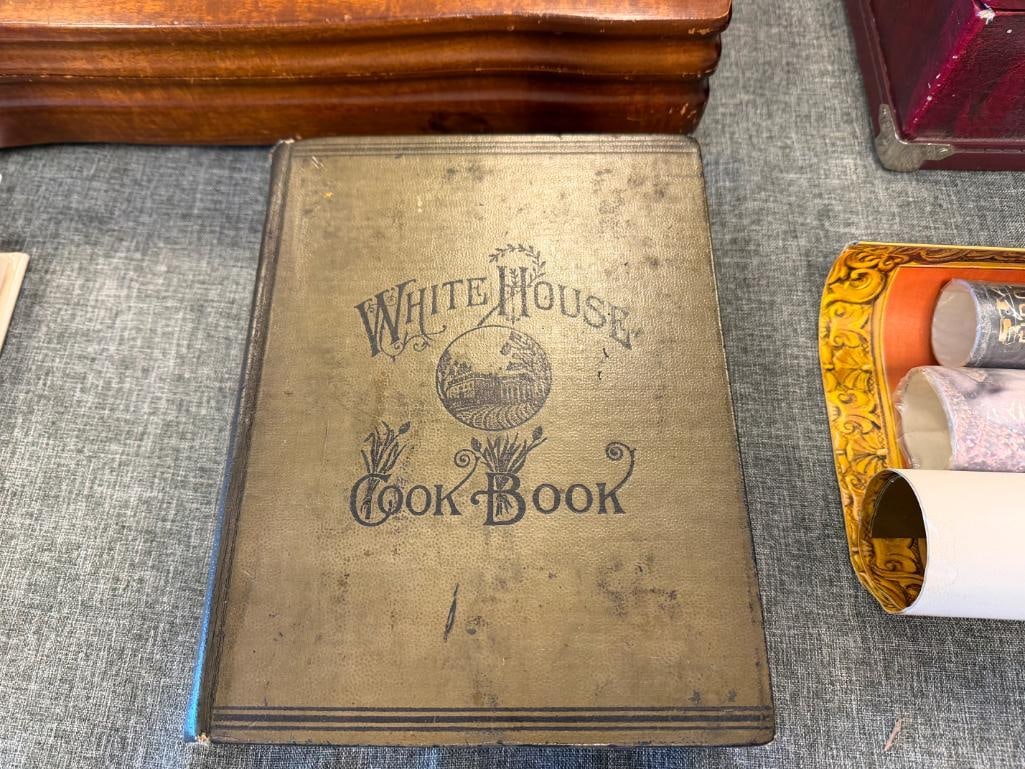 1889 THE WHITE HOUSE COOKBOOK BY MRS. F.L. GILLETTE PUBLISHED BY R.S. PEALE & COMPANY: GRAY CLOTH COVER WITH BLACK LETTING AND ILLUSTRATIONS, SPINE AND EDGES SHOWS WEAR 7 3/4" X 10"