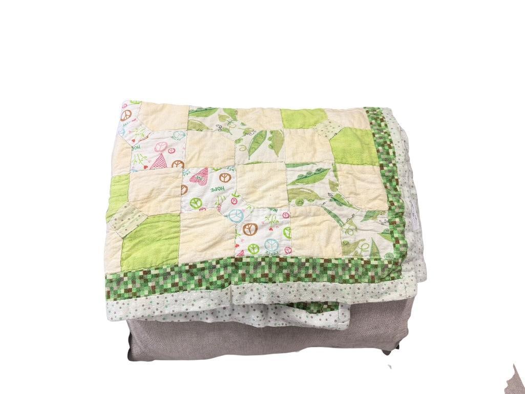 SMALL BABY QUILT FEATURING PEACE, LOVE, AND HOPE MOTIF: GREEN AND LIGHT YELLOW TONES 40" X 30"