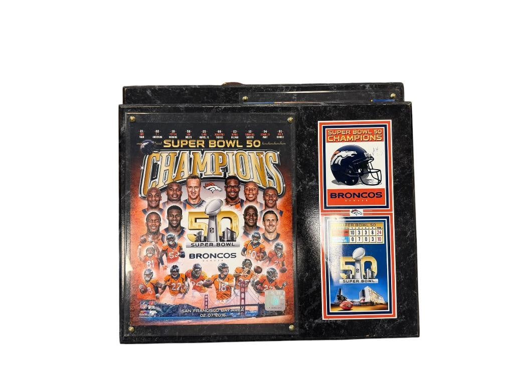 GOLDEN STATES WARRIOS NBA BASKETBALL CHAMPIONS PLAQUE AND TWO DENVER BRONCOS SUPER BOWL PLAQUES: FEATURING LEGENDS LIKE STEPH CURRY, JOHN ELWAY, AND PEYTON MANNING, TWO PLAQUES COMMEMORATES THE TEAM'S CHAMPIONSHIPS, SECOND DENVER BRONCOS PLAQUE FEATURES TWO JOHN ELWAY FOOTBALLS CARDS AND