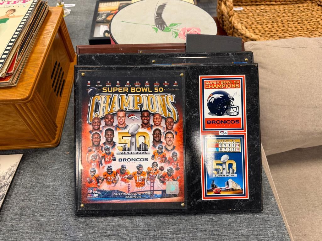 GOLDEN STATES WARRIOS NBA BASKETBALL CHAMPIONS PLAQUE AND TWO DENVER BRONCOS SUPER BOWL PLAQUES - 2