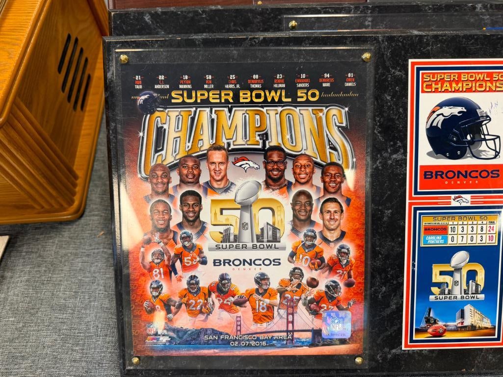 GOLDEN STATES WARRIOS NBA BASKETBALL CHAMPIONS PLAQUE AND TWO DENVER BRONCOS SUPER BOWL PLAQUES - 5