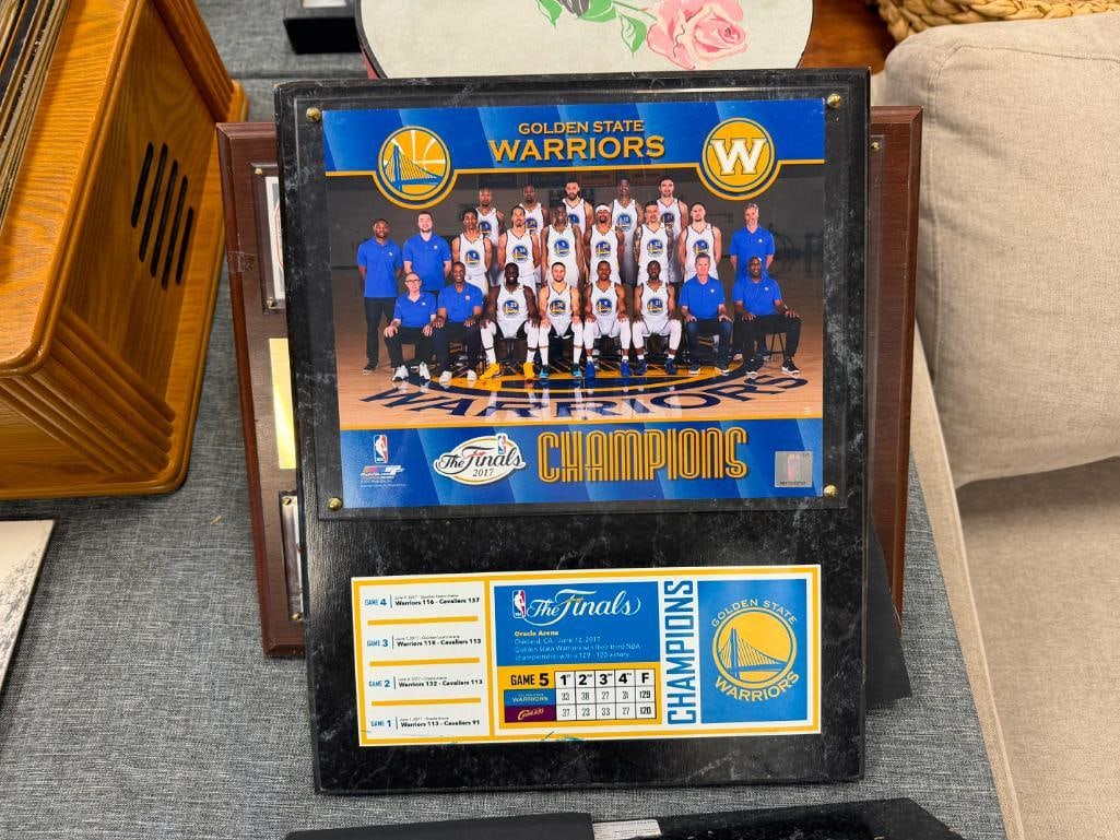 GOLDEN STATES WARRIOS NBA BASKETBALL CHAMPIONS PLAQUE AND TWO DENVER BRONCOS SUPER BOWL PLAQUES - 6